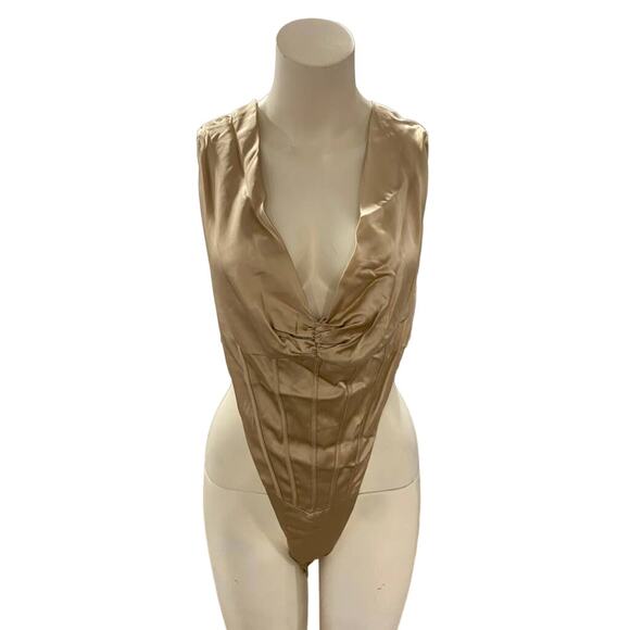Retrofete Silk Off the Shoulder Corset Style Bodysuit Top Nude Small - Picture 3 of 5